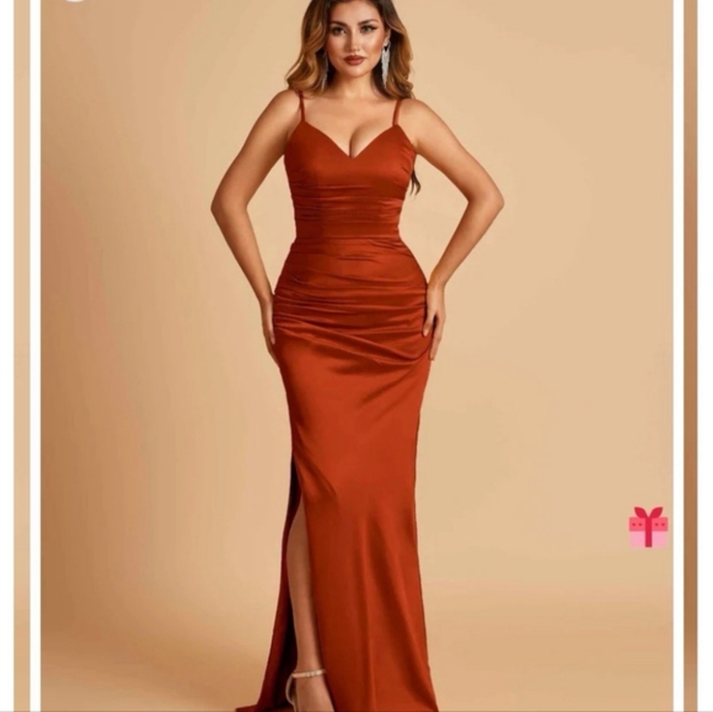 Satin Mermaid Dresses Spaghetti Straps V-neck Side Slit, Rust,18,Kiarelys